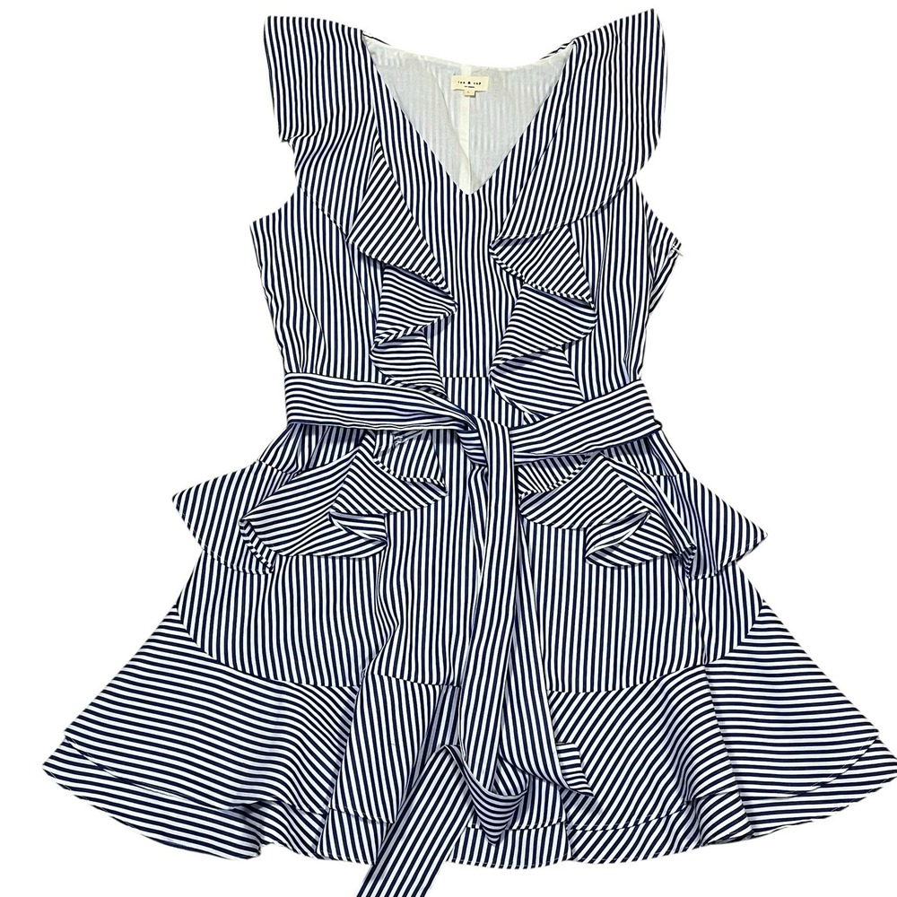 Tea & Cup Women's Blue White Striped Ruffle Mini Dress With Tie Size L Nautical